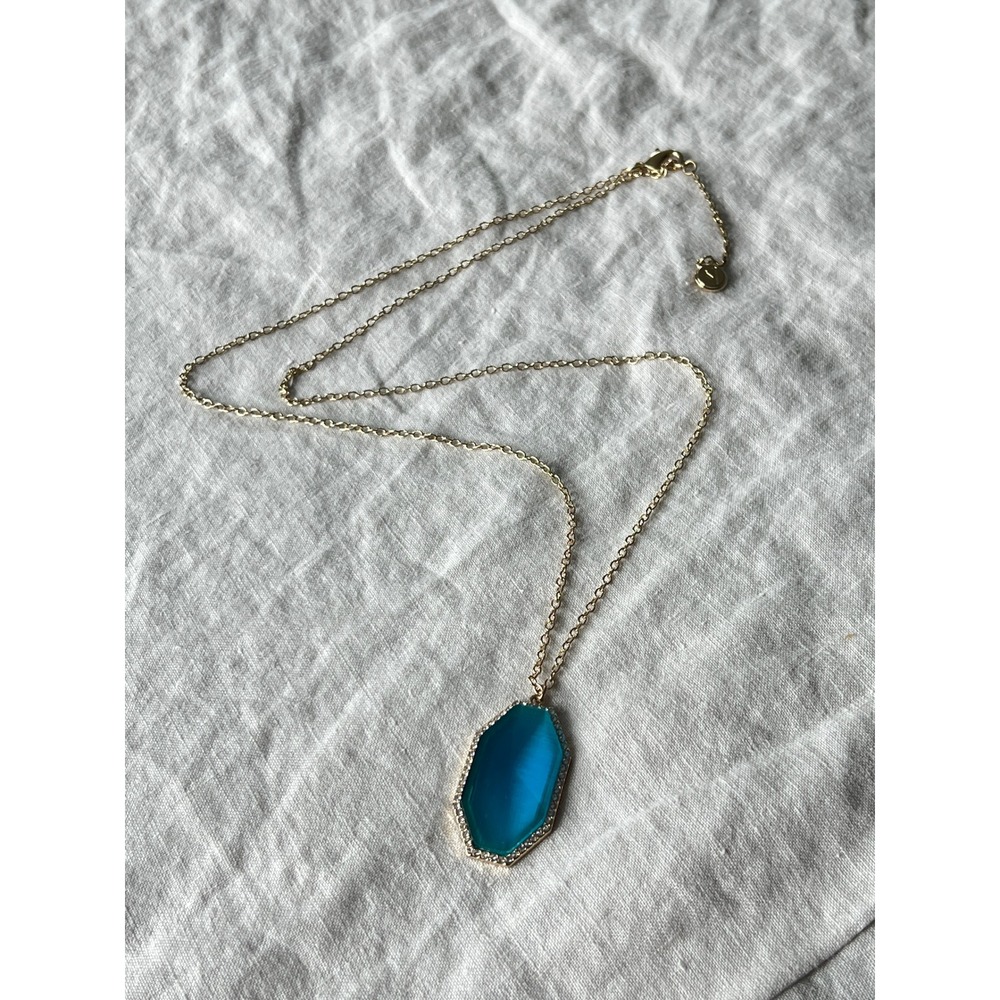 Vince Camuto Teal Gold Tone Pave Crystal Hexagon Pendant Necklace OS Boho Chic